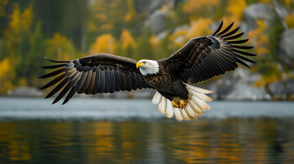 Fototapeta premium Bald Eagle flying in forest, side view, front view, leadership, freedom, wildlife