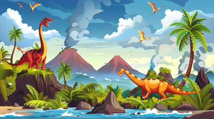 A group of clipart dinosaurs roaming through a prehistoric landscape with volcanoes in the...