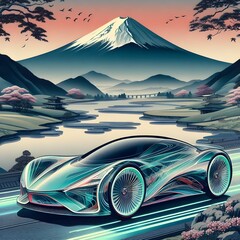 Imaginary image of a futuristic glass car model It has sleek lines and neon accents.