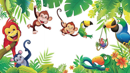 A group of clipart jungle animals including monkeys, parrots, and snakes, swinging and slithering through the trees.