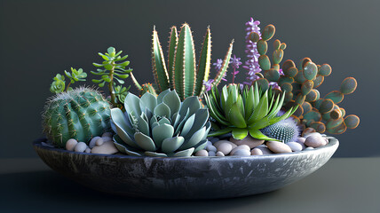 Assorted Succulents and Cacti in Decorative Bowl
. A diverse collection of succulents and cacti in a stone bowl, perfect for modern home decor or gardening inspiration.
