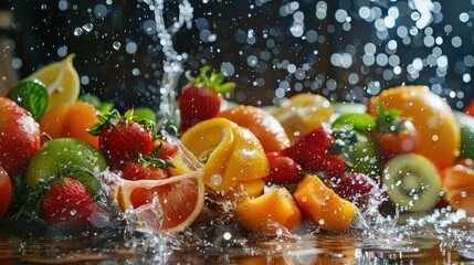 Fresh Colorful Fruits and Vegetables with Water Splash.