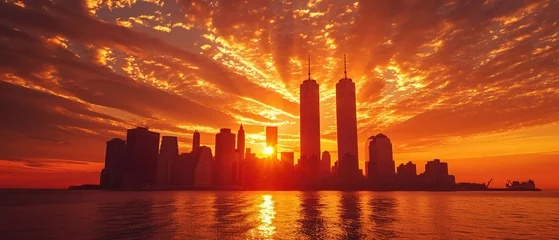 Photo sur Plexiglas Rouge 2 Silhouette of city towers against a sunset representing peace and resilience post-tragedy