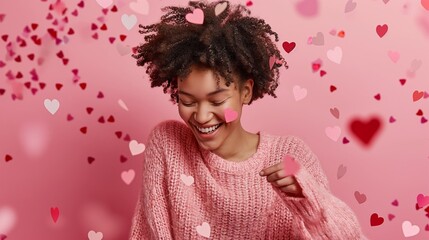Obraz na płótnie Canvas Effervescent energy captured as a young charming female student in a pink sweater twirls amidst floating heart-shaped confetti in a joyful pink studio scene.
