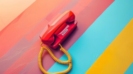 Retro red telephone with missed calls on colorful striped background - obrazy, fototapety, plakaty