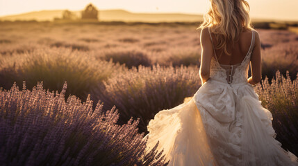 Bride back in wedding day in lavender field