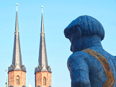Pigman sculpture in Halle named Hallescher Schweinehirt by Carsten Theumer in Germany