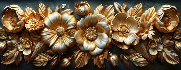 Luxurious Golden Flowers in Baroque Style Artistic Sculpture. - obrazy, fototapety, plakaty