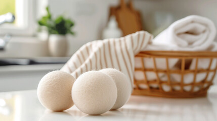 Three wool dryer balls on a counter. Concept of this image could be used for sustainability and natural home products promotion