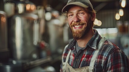 Obraz premium Cheerful farmer during a modern farm milking session in casual workwear