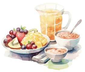 Watercolor breakfast set with oatmeal