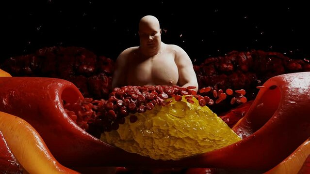 Fat man, blood stream and cholesterol plaque, thrombus. health harm concept. Inside human body.
