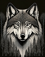 Jolie illustration stylisée d'un loup vu de face dans la forêt en noir et blanc