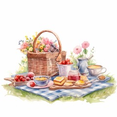 Fototapeta na wymiar Illustration of a picnic with a plaid blanket, baskets filled with treats