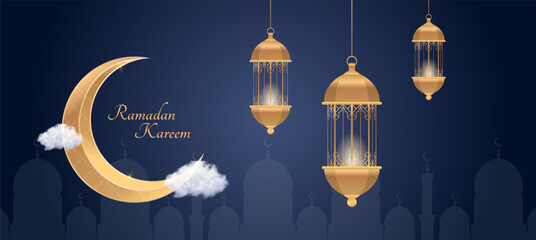 ramadan kareem islamic greeting card background vector illustration. Golden moon and lamp. design template illustration with 3d realistic golden lantern