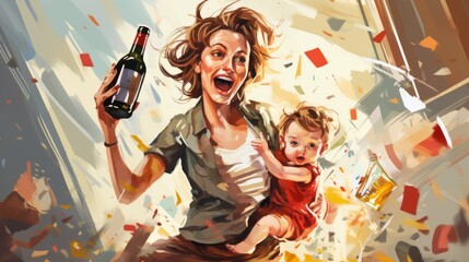 A drunk woman holding her child and a bottle of alcohol in her arms - obrazy, fototapety, plakaty