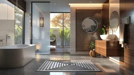 Foto op Plexiglas anti-reflex A modern Asian bathroom with clean lines, minimalist design, and a geometric-patterned rug inspired by Chinese art. © ZQ Art Gallery 