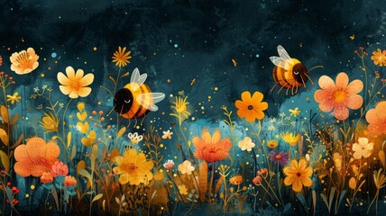 Fototapeta na wymiar Bees Among Flowers Illustration