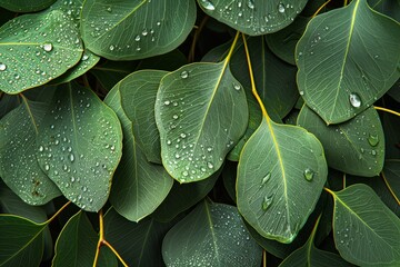 Numerous green leaves covered in glistening water droplets, creating a fresh and vibrant scene in nature