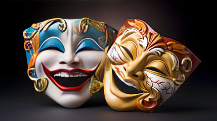 The Timeless Duality of Drama: A Monochromatic Depiction of Classic Theatre Masks - obrazy, fototapety, plakaty