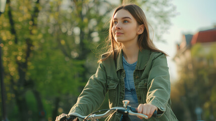 Content Woman Cycling in Sunny Park
. A young woman enjoys a leisurely bike ride through a lush park bathed in the warm light of a setting sun.

