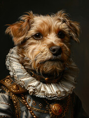 An old painting of chinese zodiac a dog in ruffles and medieval clothes and medieval hood