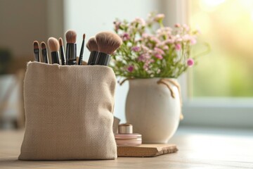 Cosmetic bag. Accessory beauty sponge. Generate Ai - obrazy, fototapety, plakaty