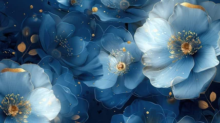 Deurstickers botanical-floral with one big flower for the whole flowing artwork on a dark blue background. © MINHO
