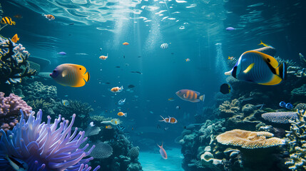 Naklejka na ściany i meble beautiful underwater scenery with various types of fish and coral reefs