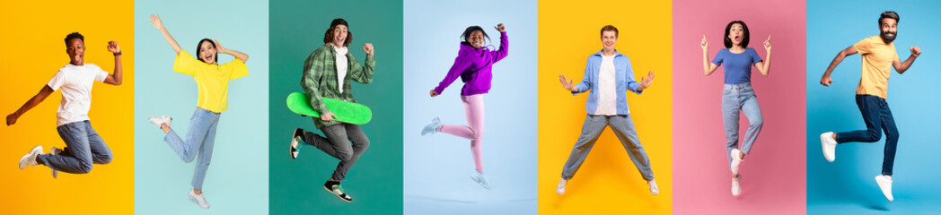 Active energetic young men and women jumping over colorful studio backgrounds