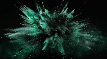 Abstract white explosion with isolated splatter, charcoal powder, green smoke particles