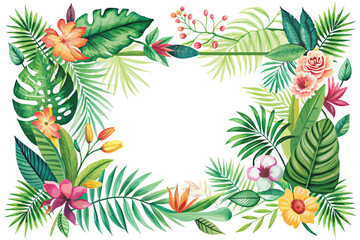 Tropical frame with flowers, leaves and plants. Vector illustration.