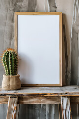 A white blank poster in a wooden frame on a rustic table with a cactus, against a grey wall background with natural light, for product photography. 