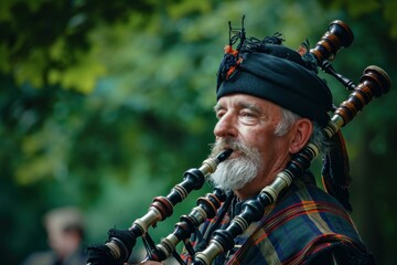 Charismatic Bagpipe music man portrait. Summer musical piper player. Generate Ai - obrazy, fototapety, plakaty