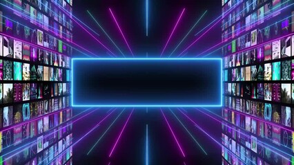 glowing neon rectangle with multimedia collage video walls on the sides. Neons striped floor and top for energy video effect