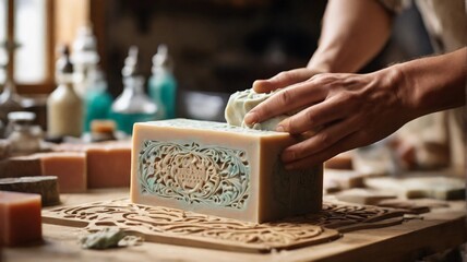 Close up of hands of an artisan working on a DIY soap in his workshop