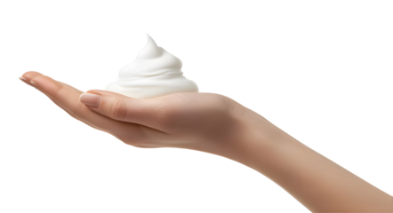 Woman's hand holding white cream isolated png on transparent background