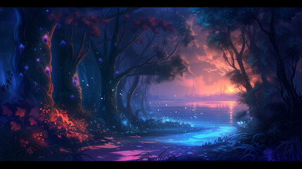 Fantasy landscape, magical night, fairy tale forest. Digital art, ai artwork, background or wallpaper