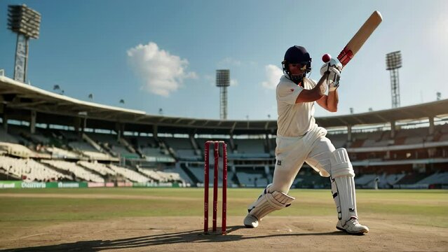 Cricketer in protective gear tries to hit ball with bat in sunny stadium. Batsman in helmet plays popular sports game.