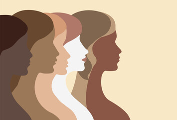 Profile of female faces in minimalist style. Colorful women: brown, pink, white color tones, vector illustration.