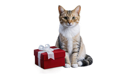 Isolated cat sitting next to a gift box. Generative AI.
