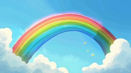 A colorful clipart rainbow stretching across the sky, with a pot of gold at one end.