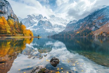A lake nestled among towering mountains and vibrant autumn trees, showcasing the beauty of changing seasons in nature