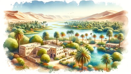 Watercolor landscape of Siwa Oasis, Egypt - obrazy, fototapety, plakaty