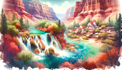 Watercolor landscape of Supai Village, Arizona