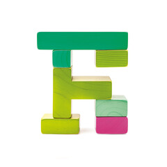 Wooden letter F in modern colors 3D font alphabet of toy blocks