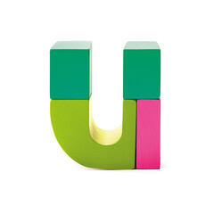 Wooden letter U in modern colors 3D font alphabet of toy blocks