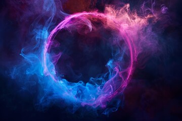 Blue and pink smoke forming a circular ring against a black backdrop