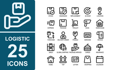 logistics icon set.outline simple.contains 24 hours,location,map,express,package,trolley,warehouse,purchase,delivery order .vektur illustration.