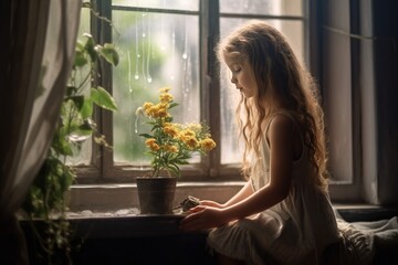 A beautiful girl takes care of home flowers on the window in the evening.